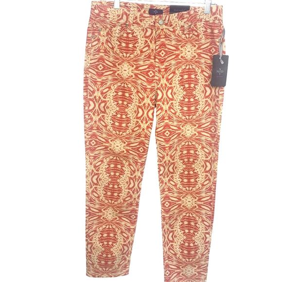 NEW NYDJ Ankle Jeans 8 Orange Print Straight Leg HR Lift Tuck Slimming USA - Picture 1 of 14